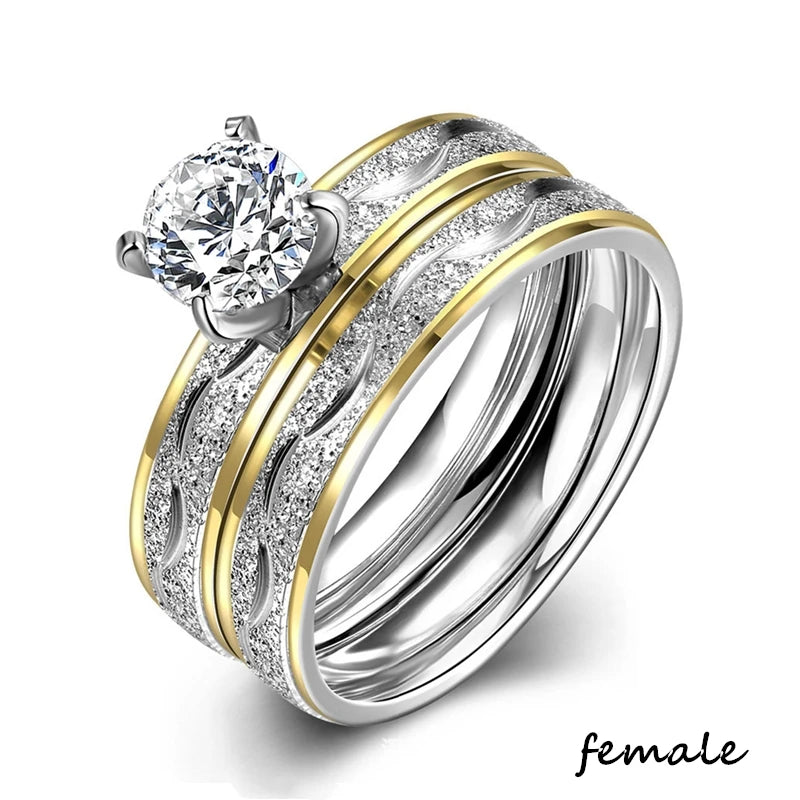 luckacco fashion couple rings romantic white rhinestones cz women rings set simpe men's stainless steel rings for couple wedding jewelry