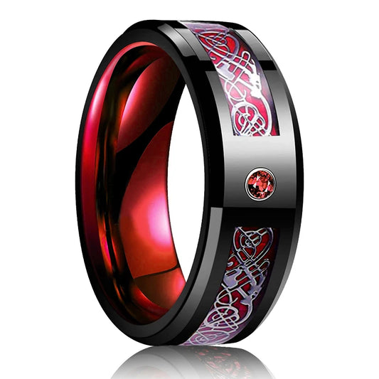 Luckacco Fashion 8mm Black Tungsten Wedding Celtic Dragon Rings Inlaid Blue Zircon Stainless Steel Rings for Men Blue Carbon Fibre Ring