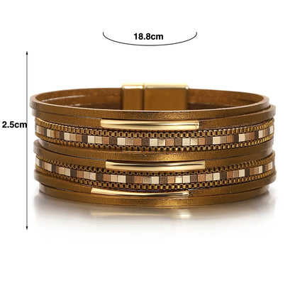 Luckacco ALLYES Trendy Colorful Square Leather Bracelet for Women Men Boho Metal Tube Multilayer Wrap Wide Bracelets Charm Party Jewelry
