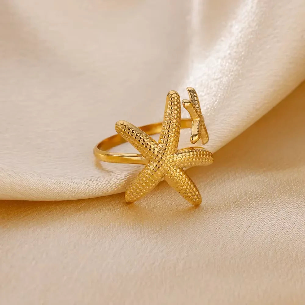luckacco elegant stainless steel big bloom flower rings for women gold color sun starfish open ring finger jewelry wedding her gift punk
