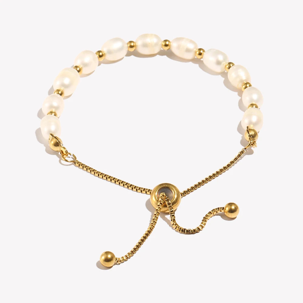luckacco e.b.belle gold color beads freshwater pearls mixed adjustable stainless steel chain bracelet bangles for women elegant jewelry