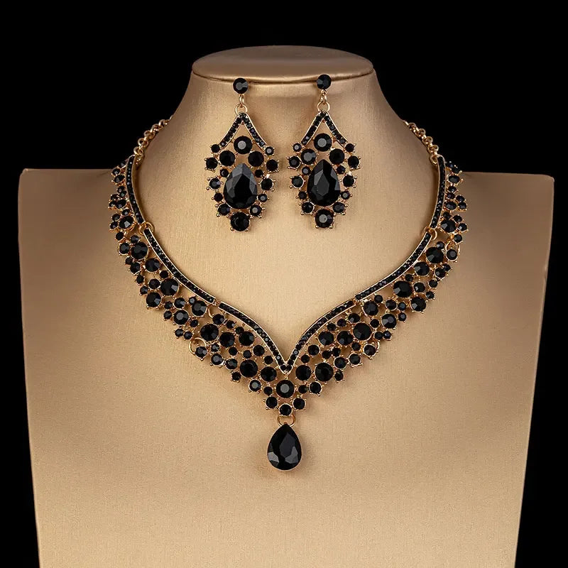 luckacco luxury crystal ab color choker necklace earrings set rhinestone bridal jewelry sets for bride wedding party costume bijoux femme