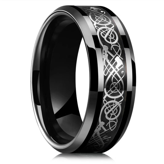 Luckacco Fashion 8mm Black Tungsten Wedding Celtic Dragon Rings Inlaid Blue Zircon Stainless Steel Rings for Men Blue Carbon Fibre Ring