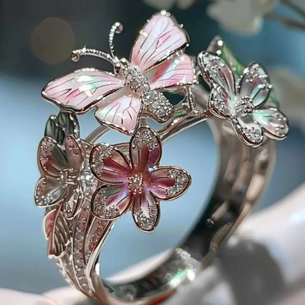luckacco aesthetic flower butterfly rings for female romantic rhinestone stylish non-fading opening ring women wedding jewelry party gift