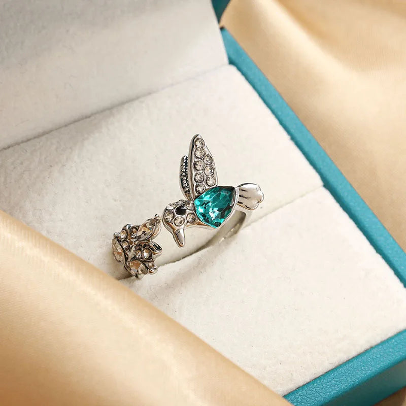 luckacco elegant natural blue stone adjustable hummingbird rings for women glass filled rings female engagement wedding party jewelry