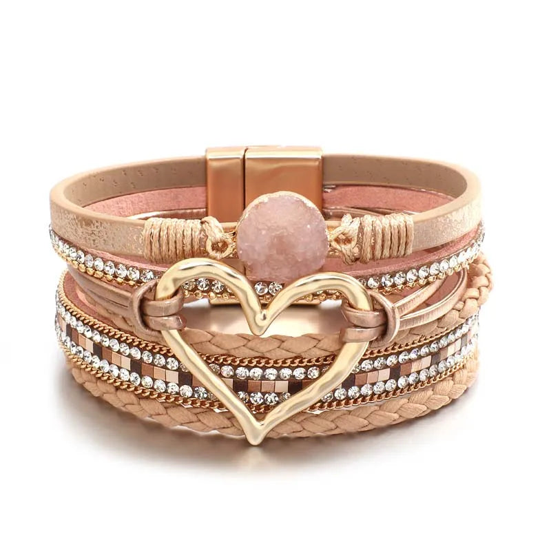 luckacco amorcome fashion braided leather wrap bracelets bangles multilayer resin stone hollow heart charm bracelets women gift pulseira