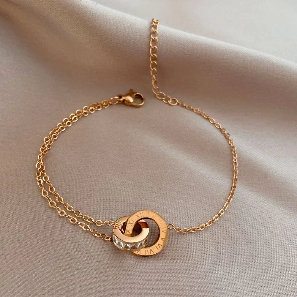 luckacco personality roman numeral double ring cross zircon bracelet for women korea fashion gold color stainless steel bangle jewelry