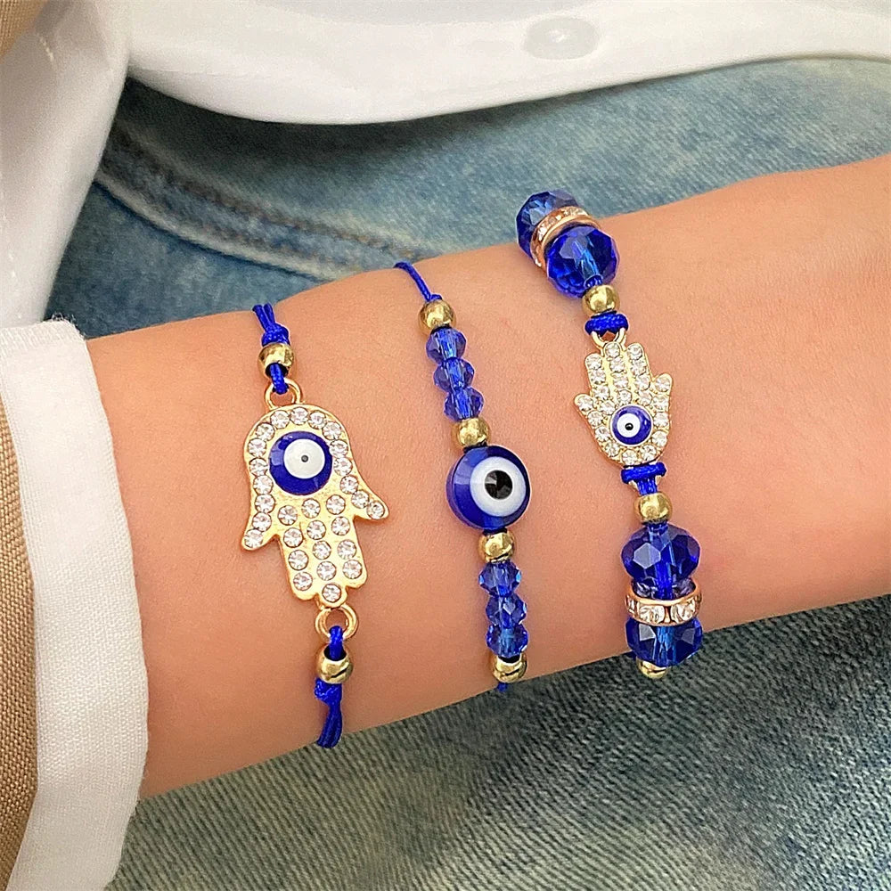 luckacco 3pcs turkish evil eye palm butterfly bracelets for men women lucky eyes bead round shaped woven chain bracelets jewelry gift