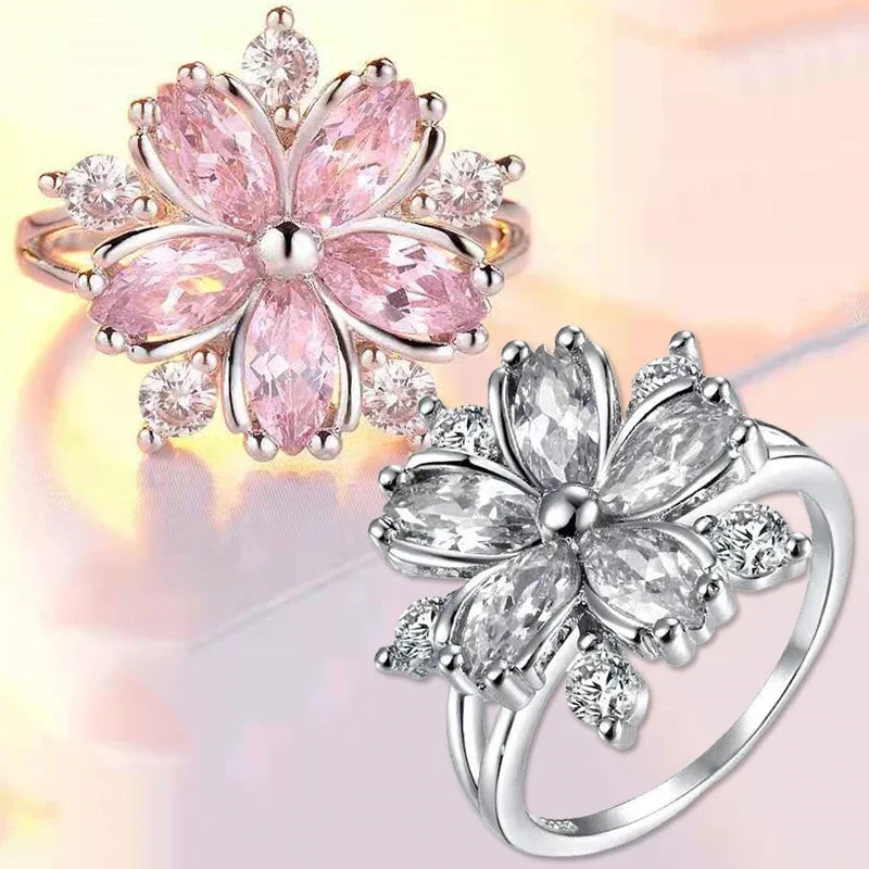 luckacco new women geometric flower ring female light luxury charm crystal stone cherry blossom ring jewelry bagye acier inoxydable femme