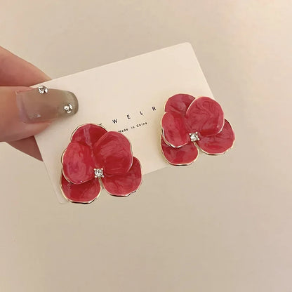 Luckacco Retro Big Flower Stud Earrings Red Blue Enamel Oil Petal Rhinestones Earrings for Women Wedding Party Cute Elegant Jewelry Gift