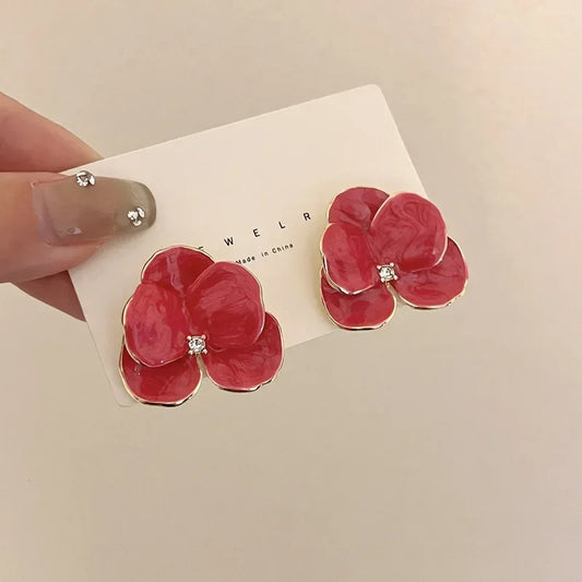 Luckacco Retro Big Flower Stud Earrings Red Blue Enamel Oil Petal Rhinestones Earrings for Women Wedding Party Cute Elegant Jewelry Gift