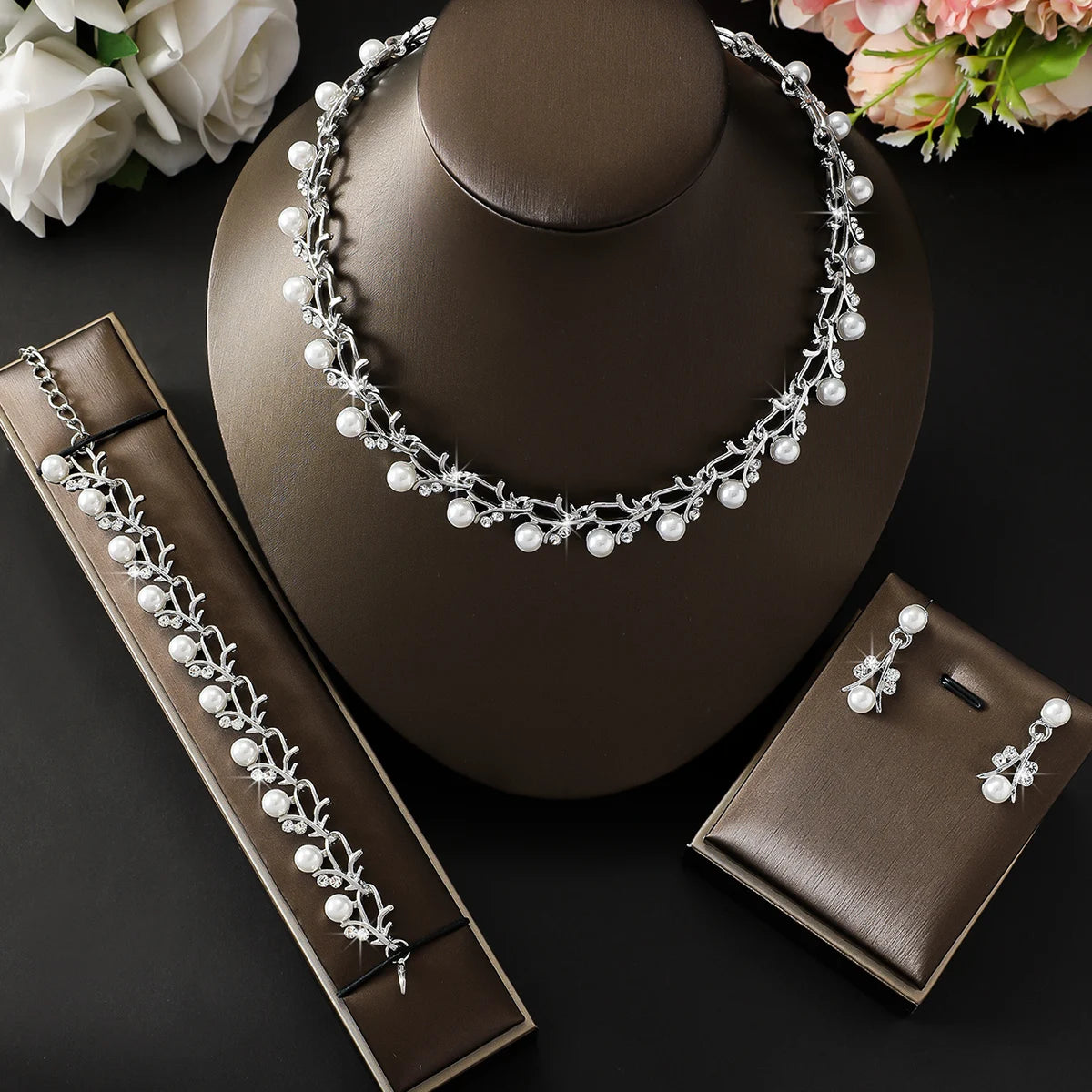 luckacco 4pcs women's jewelry set with pearl rhinestone necklace, earrings, bracelets, bride's wedding accessories