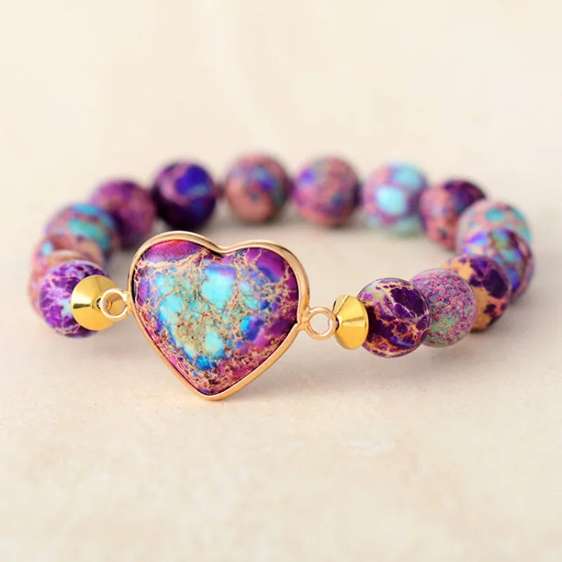 luckacco kaseakia bohemian imperial stone heart-shaped elastic adjustable natural stone beaded beads bracelet for women handmade jewelry