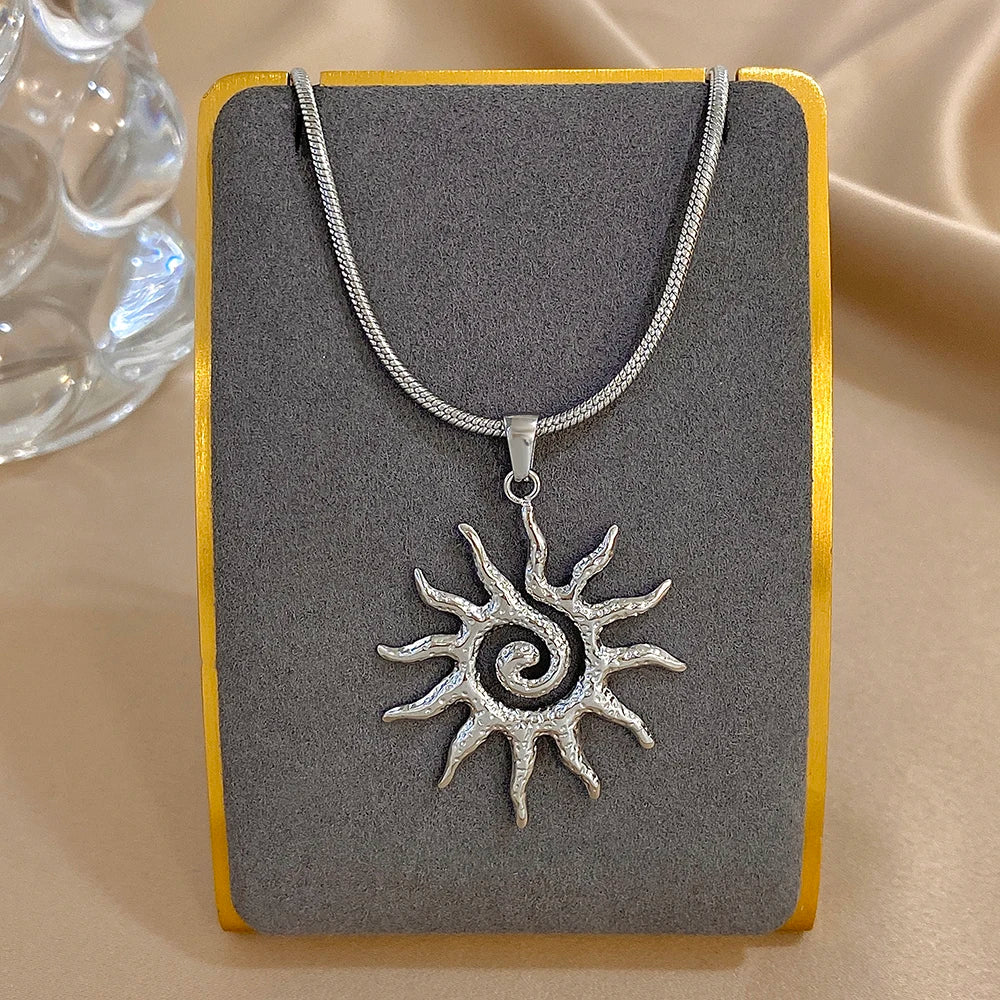 luckacco unique spiral sun totem pendant necklace for women men stylish gold silver color stainless steel necklaces charm ethnic jewelry