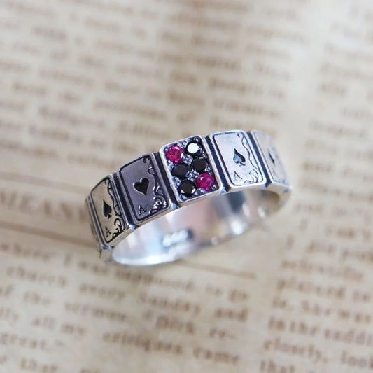 Luckacco 925 silver original design creative playing card shape ring hip hop exaggerated dance party birthday gift men and women jewelry