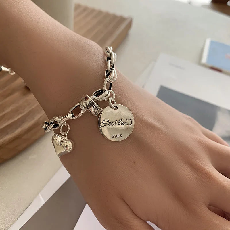 luckacco new 925 silver geometric bead punk peace of mind words irregular string bracelet for woman girl fashion jewelry gift dropship