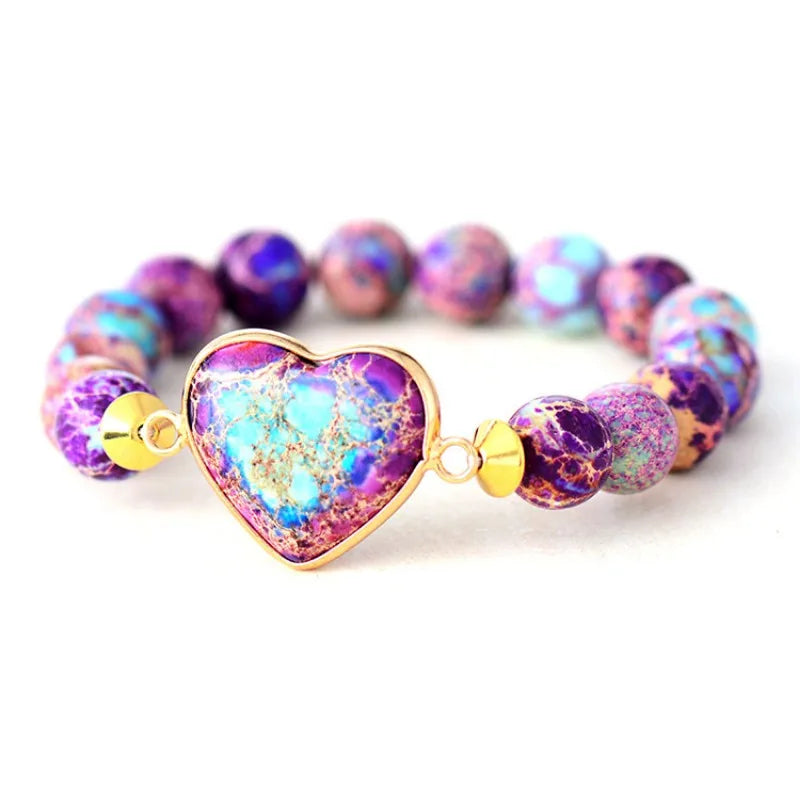 luckacco kaseakia bohemian imperial stone heart-shaped elastic adjustable natural stone beaded beads bracelet for women handmade jewelry