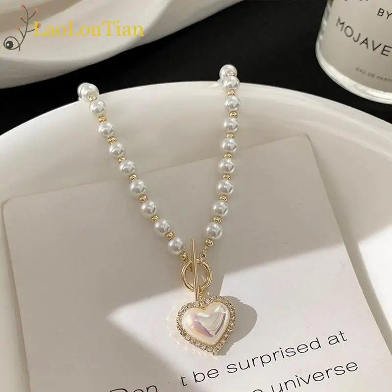 luckacco korean elegant pearl beads necklace for women fashion rhinestone shell heart pendant necklace girl charms vintage choker jewelry