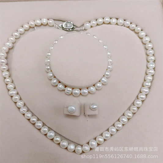 Luckacco 8-9mm Near Round White Natural Freshwater Pearl Necklace Red/Green Waterdrop Chalcedony Bracelet Earrings for Mother Jewelry Set