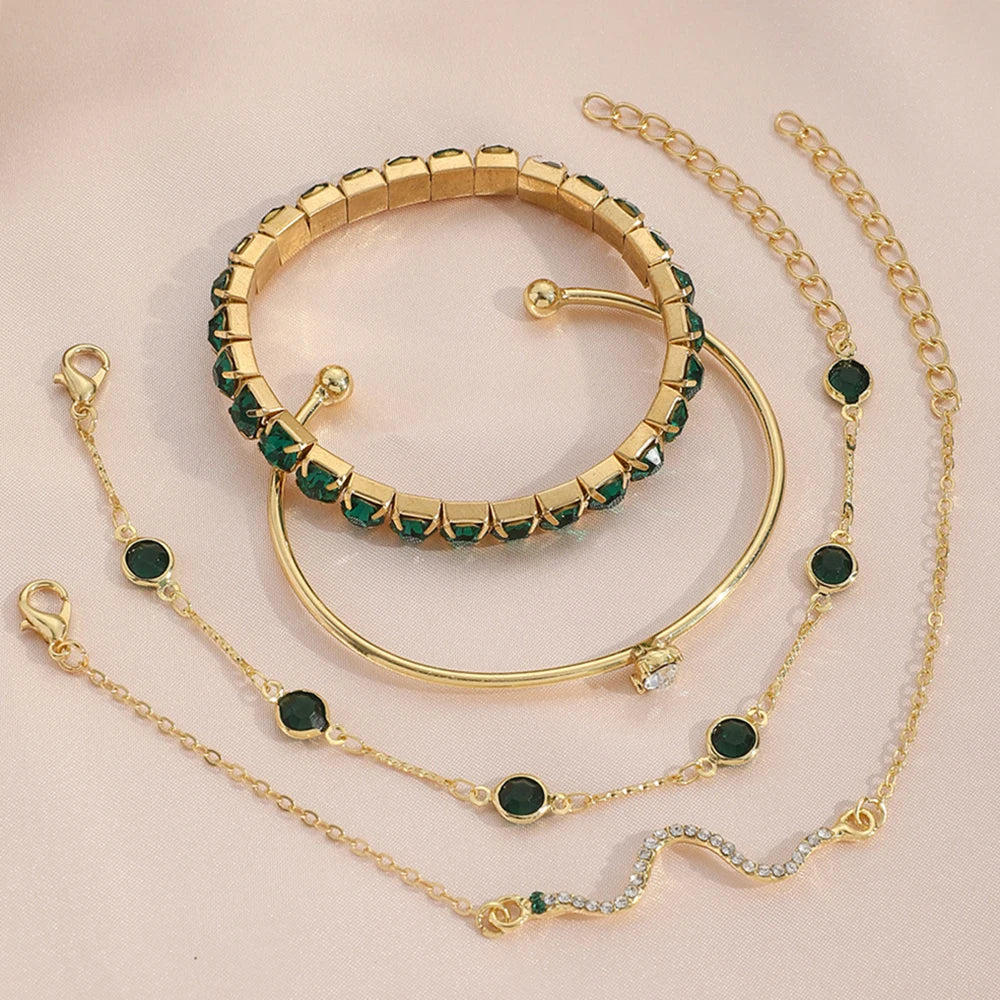 luckacco 4pcs/set fashionable snake imitation gemstone bangle rhinestone full metal bracelet set for women's jewelry birthday party gifts