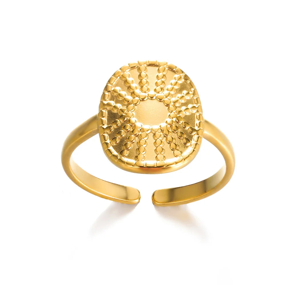 luckacco gold color stainless steel coin ring broad surface elliptical geometry rings fashion elegant jewelry accessories for women gift