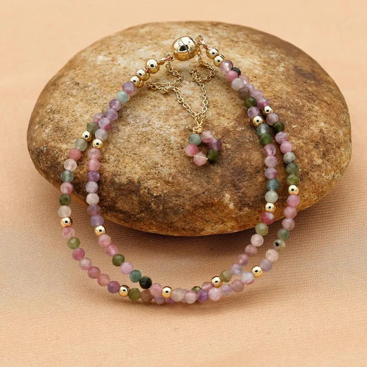 Luckacco 3MM Tourmaline Bracelets Double Layered Bohemian Colorful Crystal Beaded Bracelet Handmade Women Pulseira Fashion Jewelry