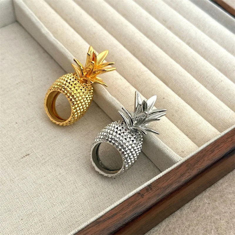 luckacco new summer retro metal fruit pineapple gold silver colour wide ring vintage women girl jewelry accessories gift 2025