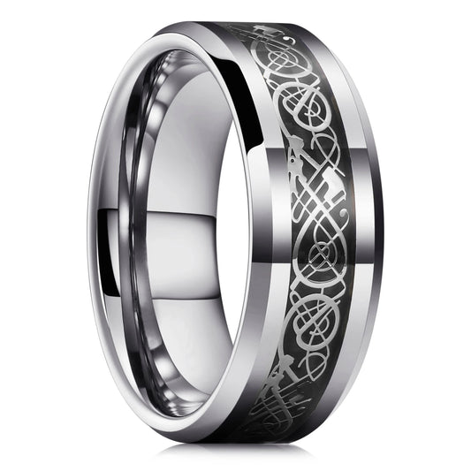 Luckacco Fashion 8mm Black Tungsten Wedding Celtic Dragon Rings Inlaid Blue Zircon Stainless Steel Rings for Men Blue Carbon Fibre Ring