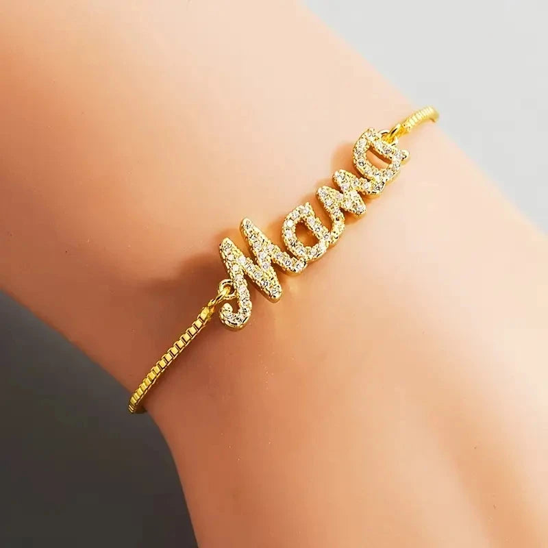 luckacco exquisite mama letter bracelet for women sparkling crystal zircon adjustable chain bangle mother's day mom birthday jewelry gift