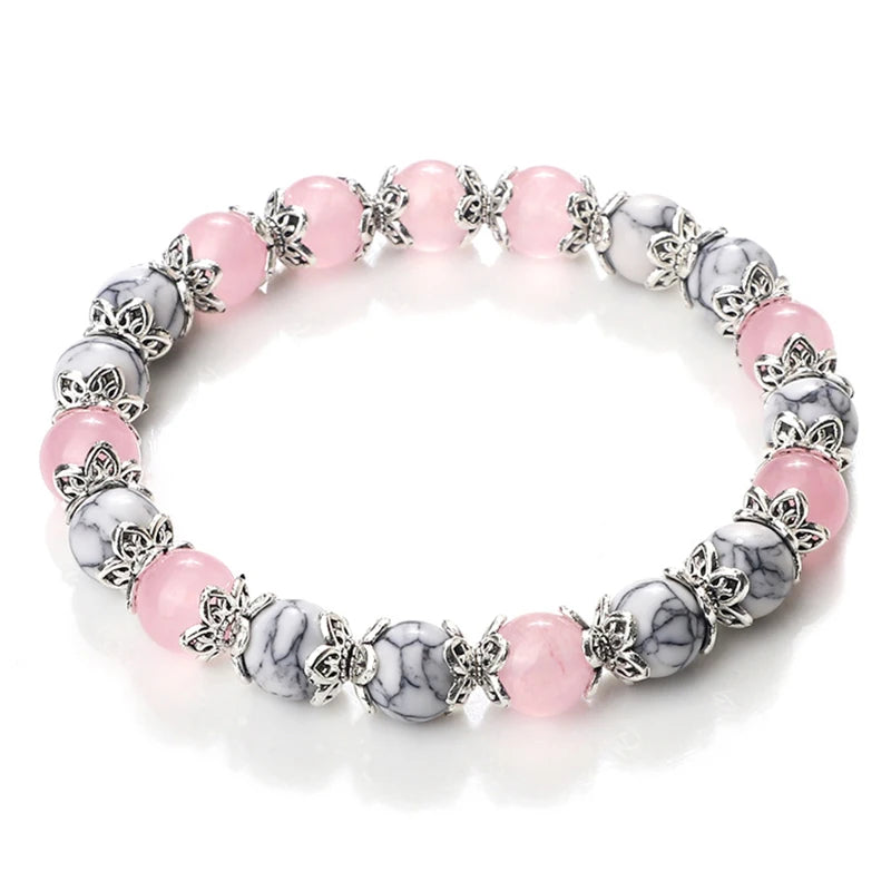 luckacco 8mm white howlite stone women bracelet metal spacer charm natural agates pink rose quartz beads bracelets for men jewelry gifts