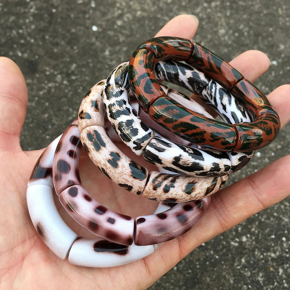 luckacco fishsheep vintage leopard print acrylic stackable bracelets bangles for women resin stretchy bracelet 2023 fashion jewelry gift