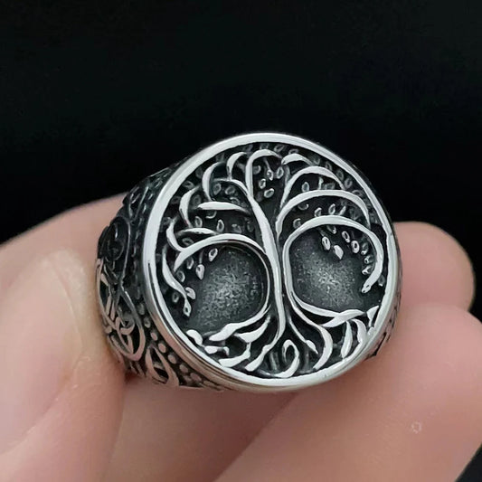 Luckacco Vintage Nordic Viking Ring Stainless Steel Men Ethnic Belief Odin Compass Valknut Tree of Life Ring Amulet Jewelry