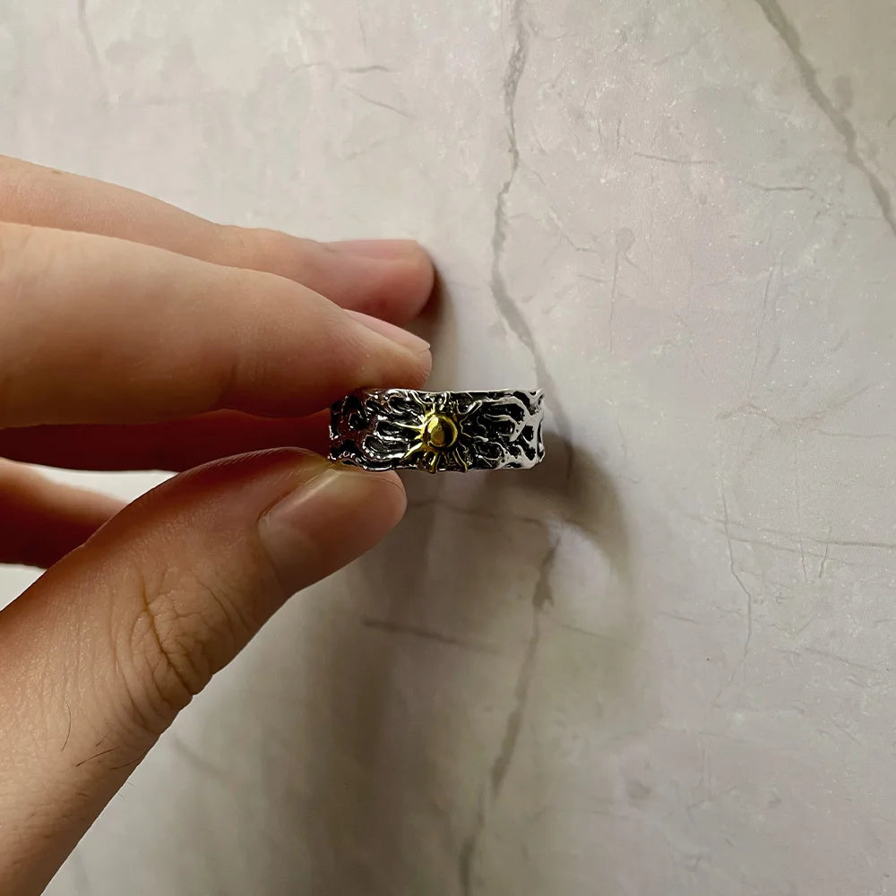 luckacco retro golden sun ring for men silver color punk gothic trendy open ring handmade designer jewelry unisex accessories lovers gift