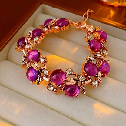 Luckacco 1/3 Pcs Vintage Purple Red Rhinestone Necklace Earrings Bracelet Set Leaf Flower Metal Necklace for Women Exquisite Jewelry Sets
