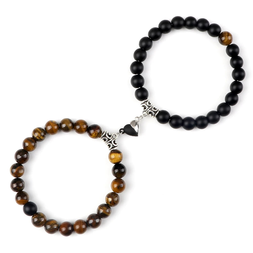 luckacco 2pcs/set natural stone beaded bracelet for lovers distance heart magnet buckle couple bracelets friendship fashion jewelry gifts