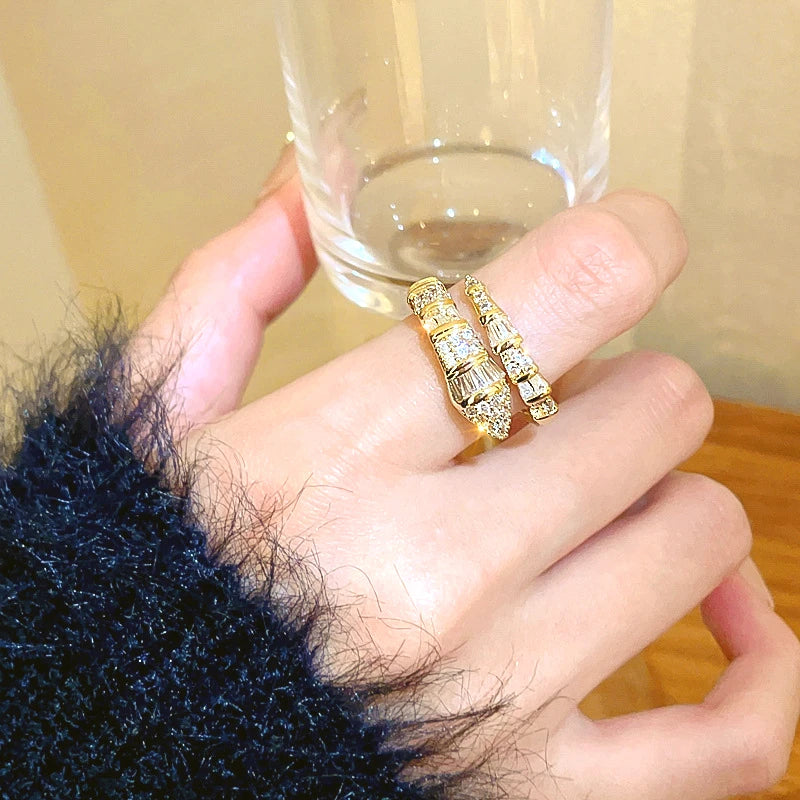 luckacco 2025 new in snake bone open ring for women shiny cubic zirconia copper rings couple funny party jewelry gifts