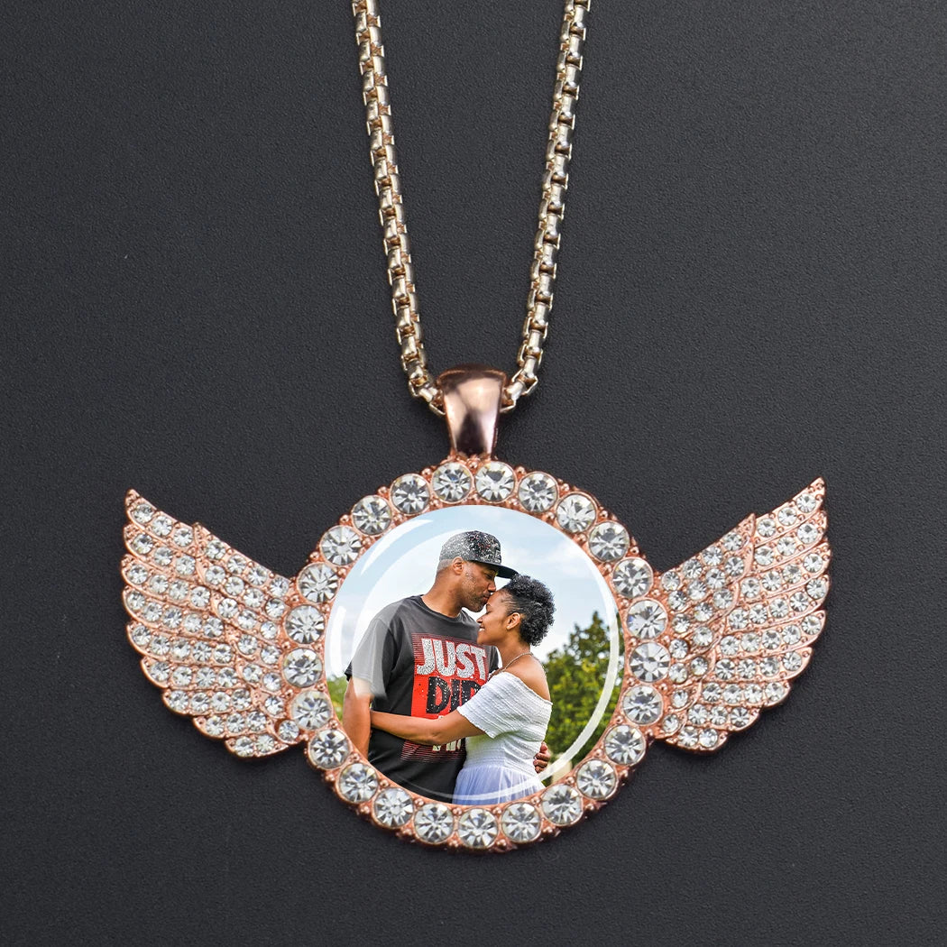 luckacco custom necklace personalized photo picture angel wings rhinestone pendant chains necklaces creative fashion hip hop jewelry gift