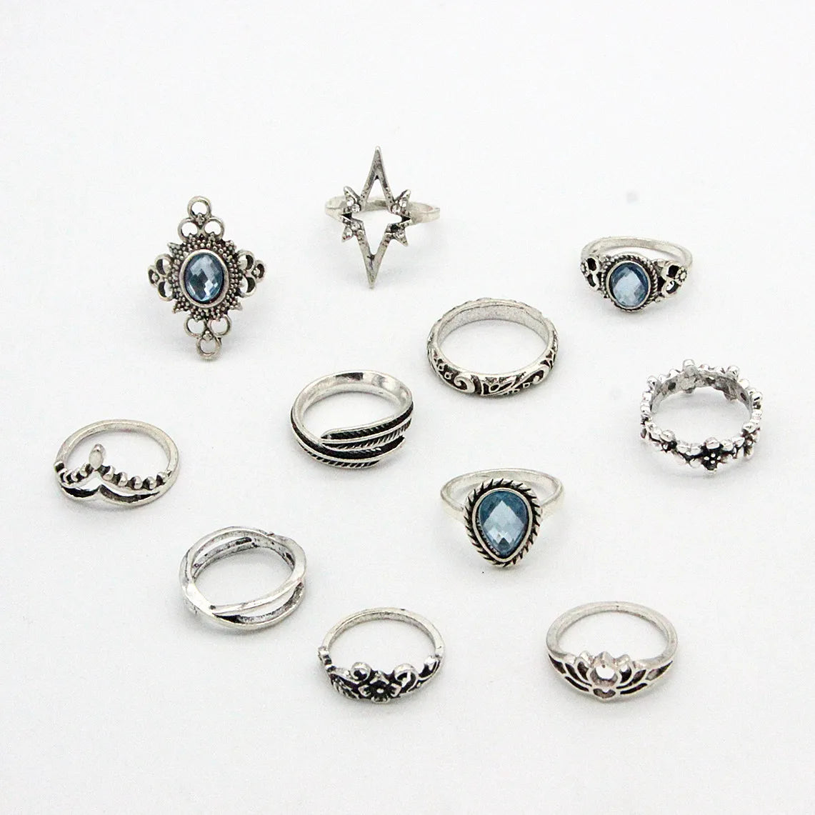 luckacco 11pcs/set bohemia vintage silver gothic aesthatic vintage carved feathers flowers leaves butterfly ring set for women
