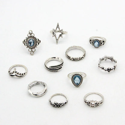 Luckacco 11pcs/set Bohemia Vintage Silver Gothic Aesthatic Vintage Carved Feathers Flowers Leaves Butterfly Ring set for women