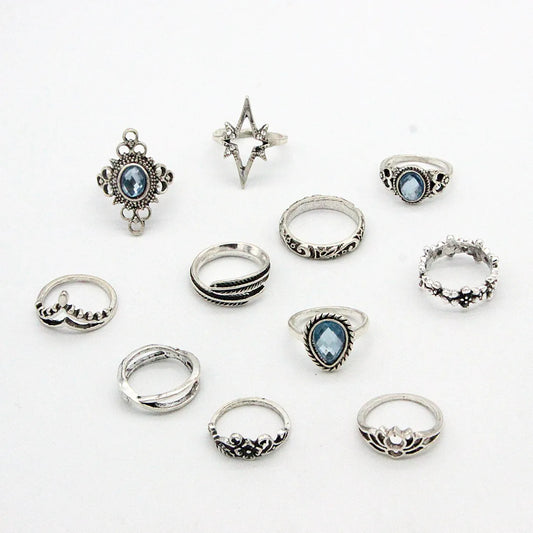 Luckacco 11pcs/set Bohemia Vintage Silver Gothic Aesthatic Vintage Carved Feathers Flowers Leaves Butterfly Ring set for women