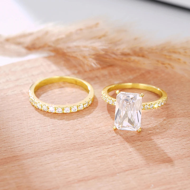 luckacco daily picks rectangular cubic zirconia set rings for women bridal wedding accessories luxury trendy engagement band jewelry