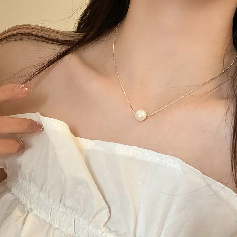 luckacco new trendy fashion 925 silver pearl simple elegant thin chain pendant necklace for women girl jewelry dropship