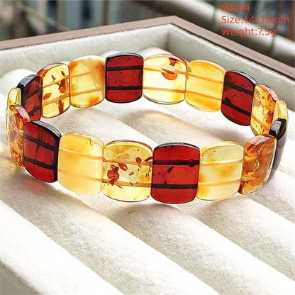 Luckacco Natural Piebald Amber Bracelet Rectangle Beads Blood Red Yellow Flower Amber Women Men Healing Stretch Jewelry AAAAA