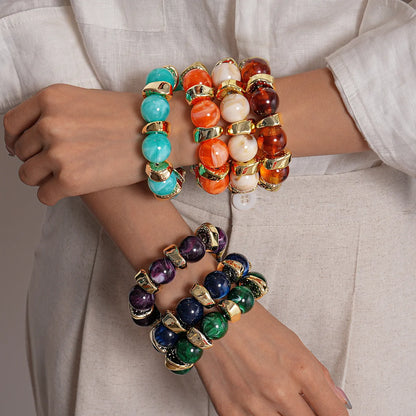 Luckacco 7 Styles Trendy Splicing Acrylic Round Beads Bracelets Bohemian Thick Irregular Resin Elastic Bangles Retro Jewelry for Women F