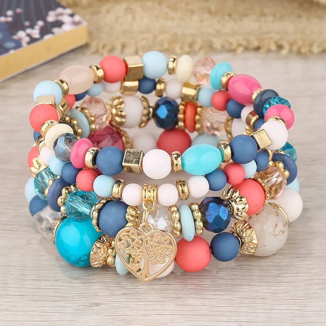 luckacco new acrylic beads chain bracelet set for women tree of life charm elastic bangle female bohemian jewelry accessories