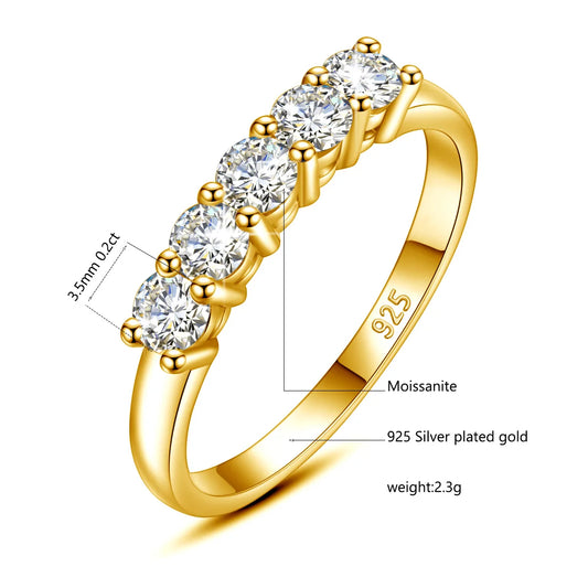 Luckacco Certified Natural Original Champagne Yellow Moissanite Ring 1.0CT 5 Stone Wedding Band For Woman Engagement Jewelry Gift Female