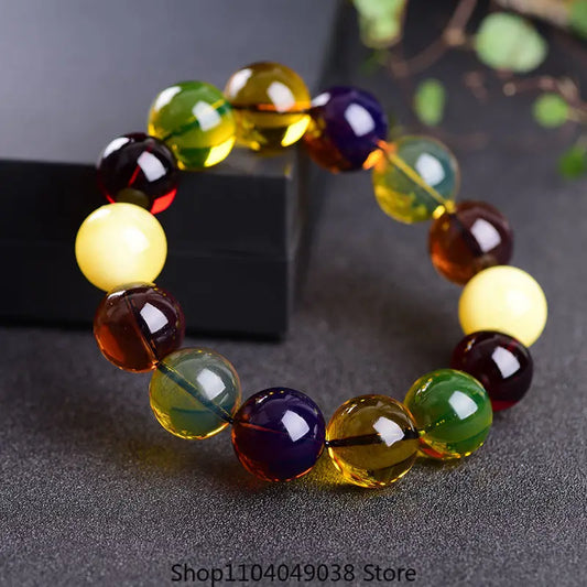 Luckacco Natural Burmese Beeswax Duobao Round Beads Bracelet for Men and Women Raw Ore Amber Single Circle All-match Couple Handstring