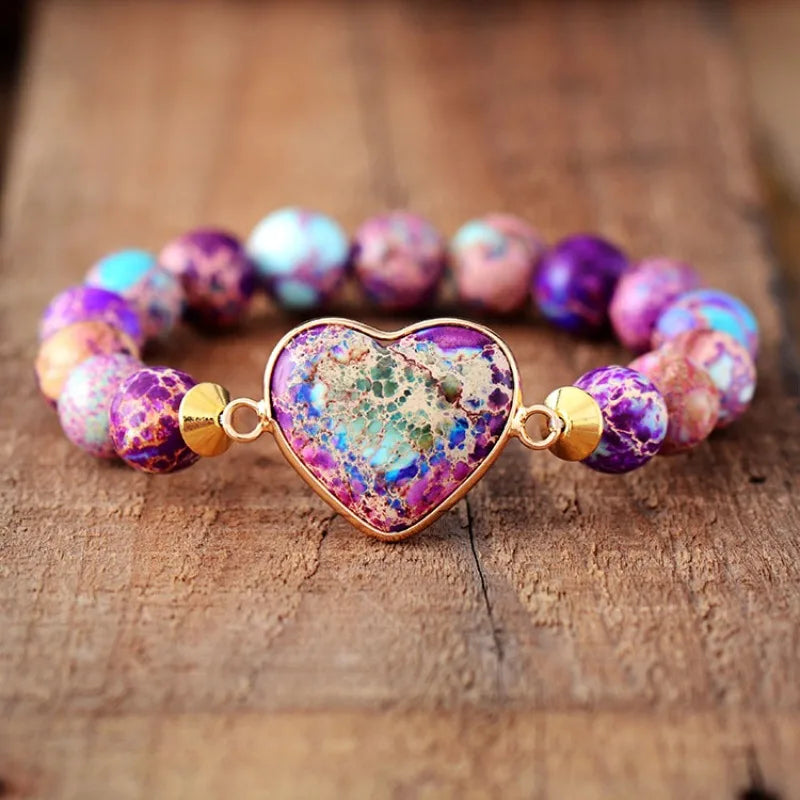 luckacco kaseakia bohemian imperial stone heart-shaped elastic adjustable natural stone beaded beads bracelet for women handmade jewelry