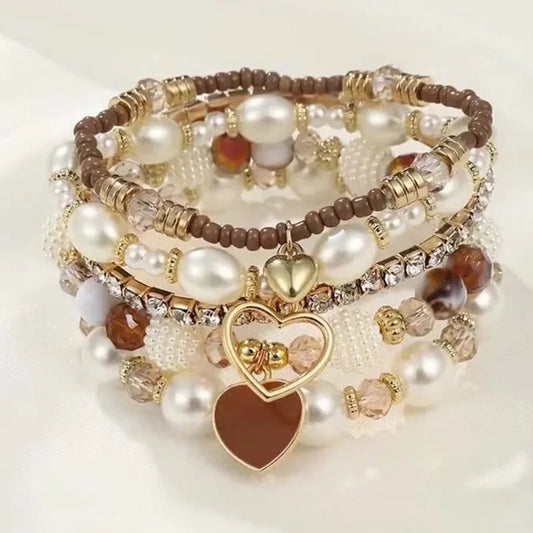 Luckacco 5pcs Heart Boho Beach Bracelet Set Pearl Crystal Beaded Multilayer Wrist Jewelry For Women Gift