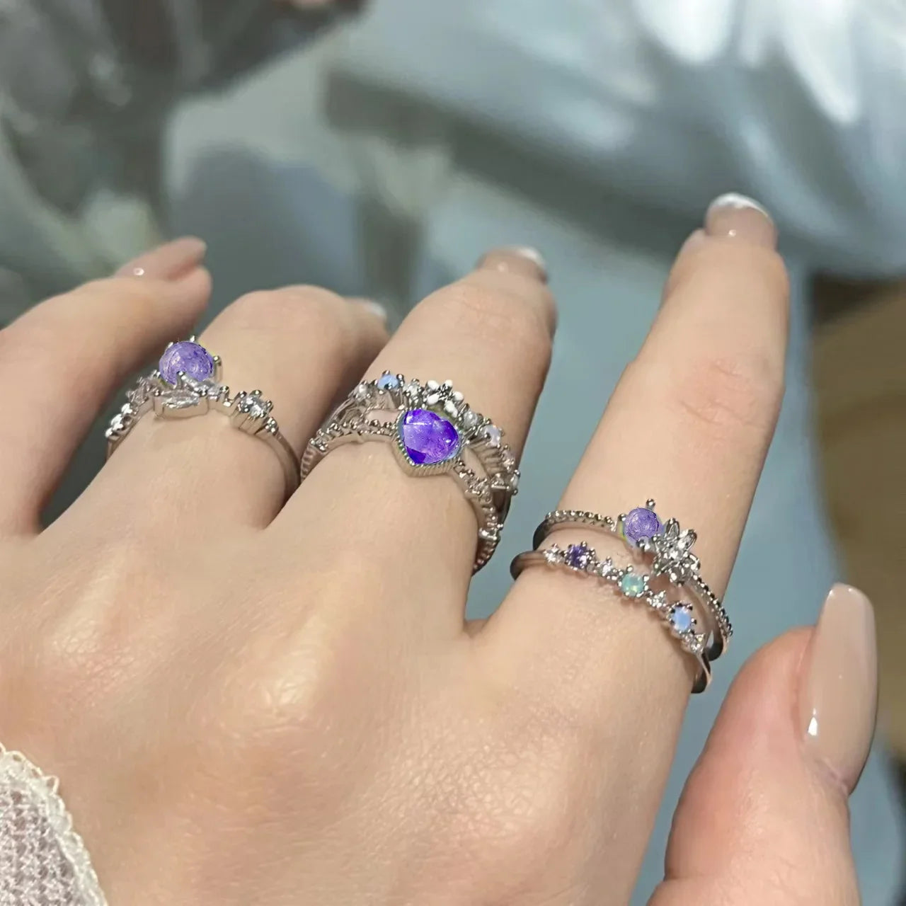 luckacco 2024 fashion jewelry crystal rings heart adjustable ring irregular geometry punk vintage rings set for women girls
